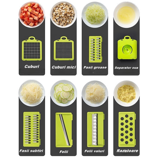 Feliator Multifunctional, Razatoare, 8 in 1, pentru Fructe si Legume, 10 Piese, Lame de Inox, Recipient Stocare, Separator Oua, Protectie Mana, ABS, 67.5x38.5x49.5 cm