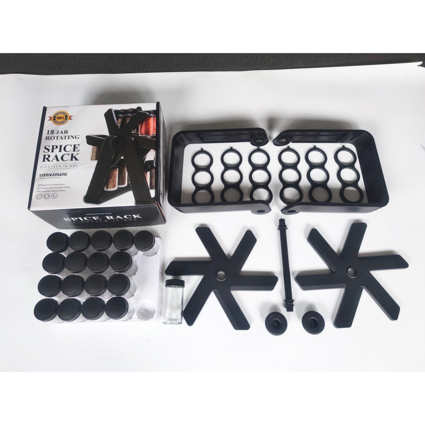 Set 18 recipiente condimente cu suport rotativ Selexmo®, 34x23 cm, pivotant 360°, cutie single 100ML, negru