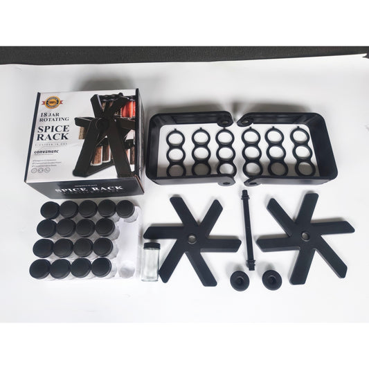Set 18 recipiente condimente cu suport rotativ Selexmo®, 34x23 cm, pivotant 360°, cutie single 100ML, negru