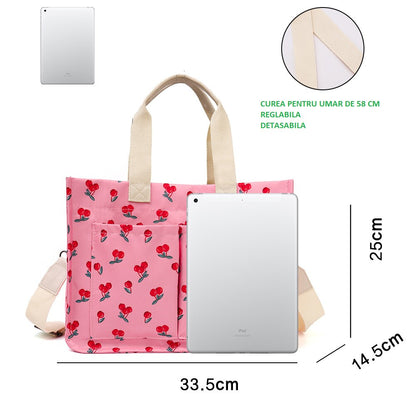 Geanta de Mana/Umar, Multifunctionala, selexmo, Inchidere cu Capsa, Imprimeu Cirese, Material Textil, 33.5 x 25 x 14.5 cm, Roz