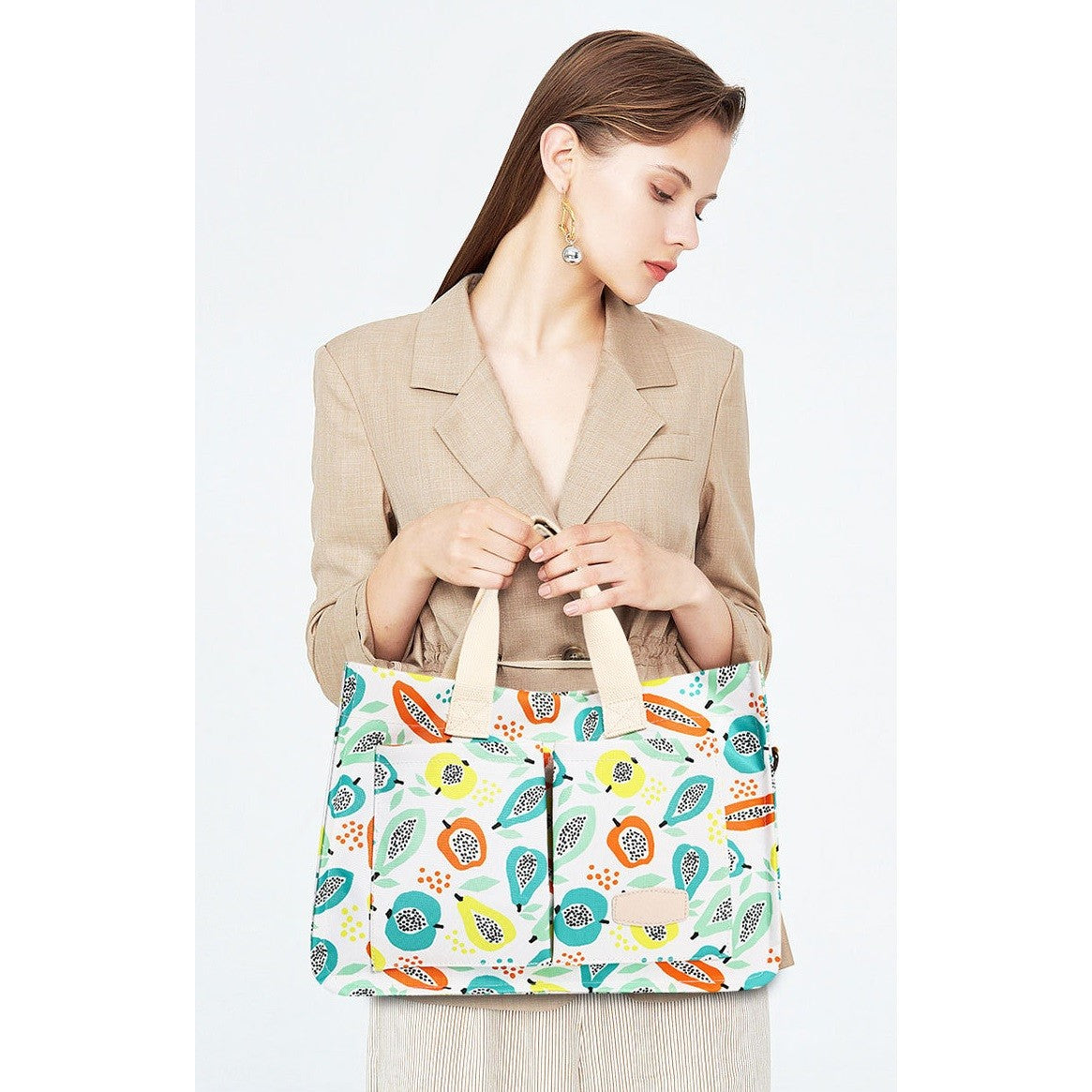 Geanta de Mana/Umar, Multifunctionala, selexmo, Inchidere cu Capsa, Imprimeu Fructe, Material Textil, 33.5 x 25 x 14.5 cm, Multicolor