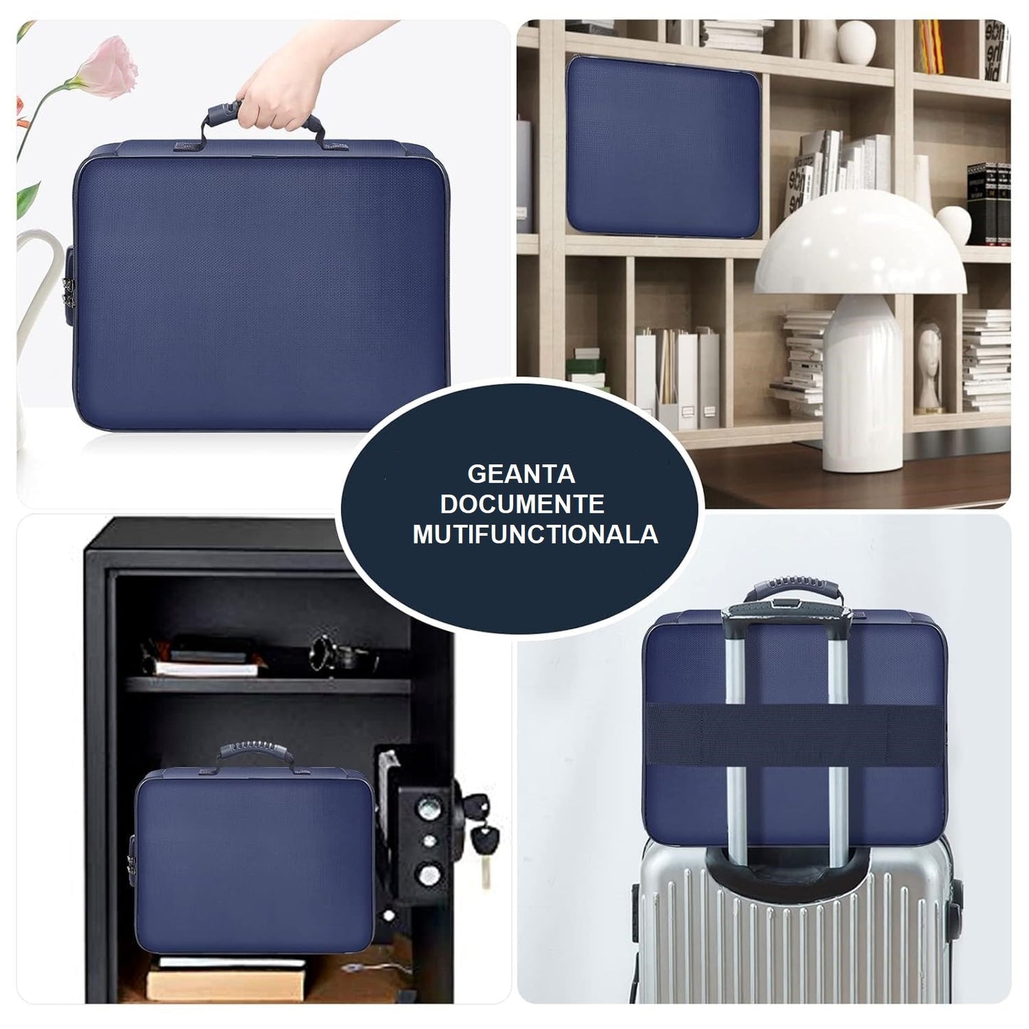 Geanta selexmo pentru Depozitare Acte si Documente, Facturi, Carduri, cu Cod de Securitate, 2 Compartimente, Impermeabila, 37 x 10.5 x 27 cm, Albastru Marin