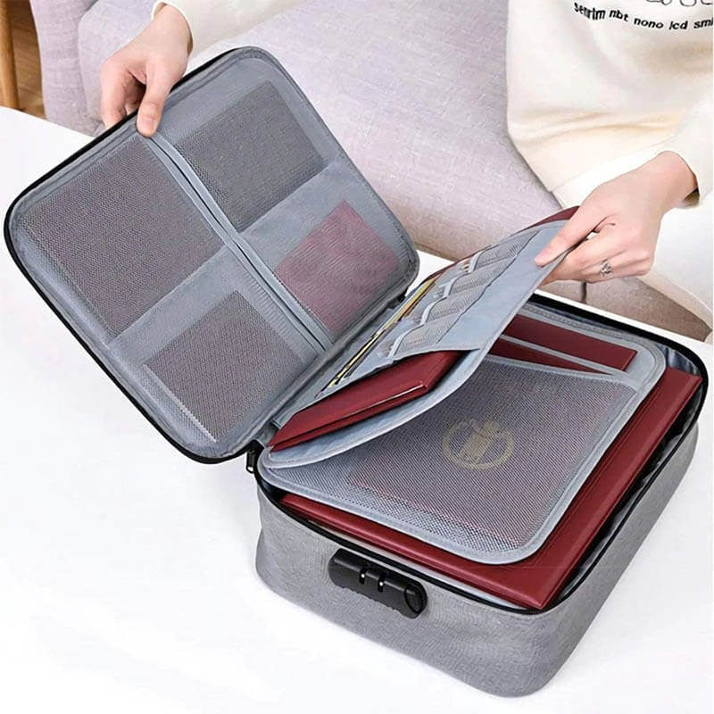 Geanta selexmo pentru Depozitare Acte si Documente, Facturi, Carduri, cu Cod de Securitate, 5 Compartimente, Impermeabila, 37 x 20 x 27 cm, Gri