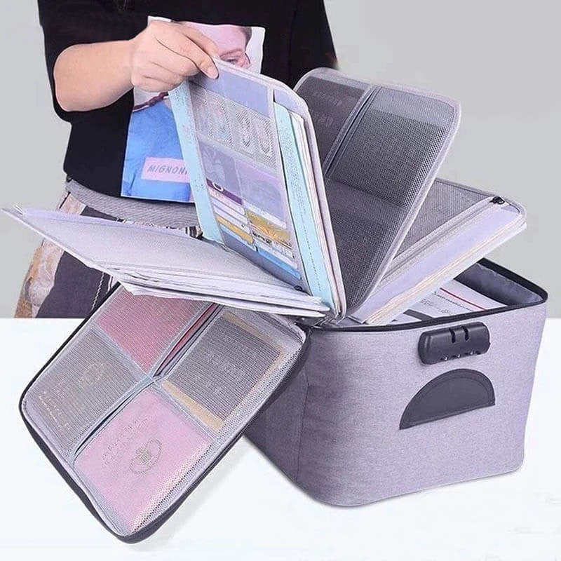 Geanta selexmo pentru Depozitare Acte si Documente, Facturi, Carduri, cu Cod de Securitate, 5 Compartimente, Impermeabila, 37 x 20 x 27 cm, Gri