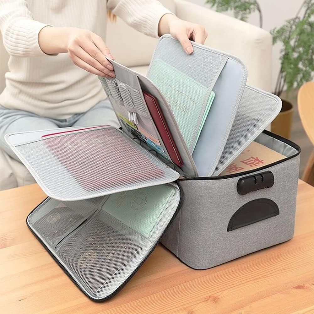 Geanta selexmo pentru Depozitare Acte si Documente, Facturi, Carduri, cu Cod de Securitate, 5 Compartimente, Impermeabila, 37 x 20 x 27 cm, Gri