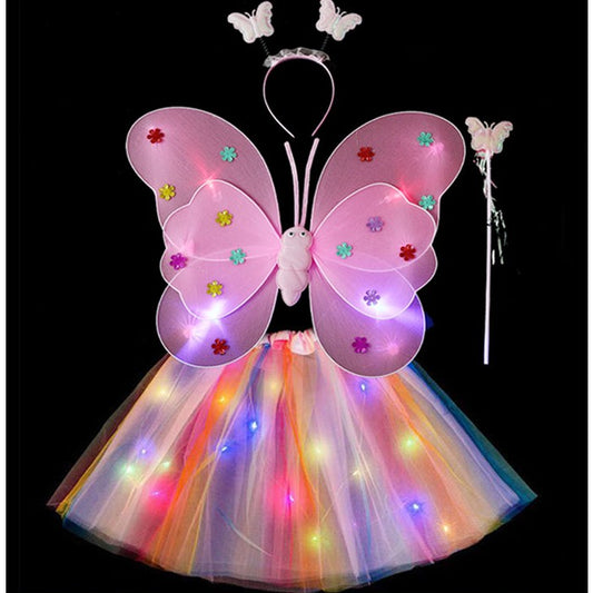Costum Fluturaș cu Aripi Modelabile Luminoase pentru Copii, Fustă din Tul cu Lumini, Baghetă și Bentiță, 4 Piese – Ideal pentru Halloween, Cosplay, Crăciun, Carnaval, Paște sau Ziua Copilului