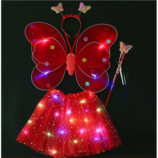 Costum Fluturaș cu Aripi Modelabile Luminoase pentru Copii, Fustă din Tul cu Lumini, Baghetă și Bentiță, 4 Piese – Ideal pentru Halloween, Cosplay, Crăciun, Carnaval, Paște sau Ziua Copilului