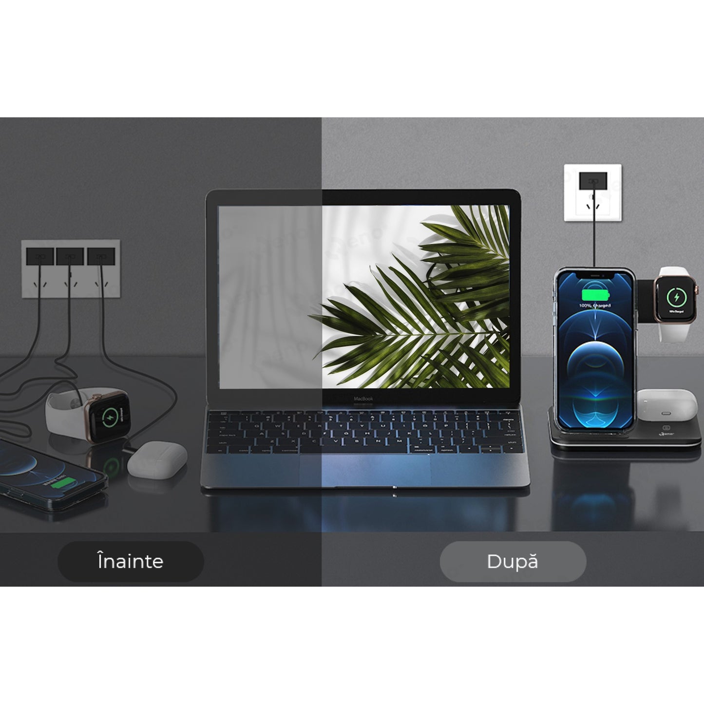 Incarcator Wireless, Statie Incarcare 3 In 1 Qi Fast Charger 15W, Incarcare Rapida, Compatibil Cu Apple Watch Toate Seriile Airpods Toate Modele si Iphone Android Samsung Huawei Xiaomi, Quick Charge