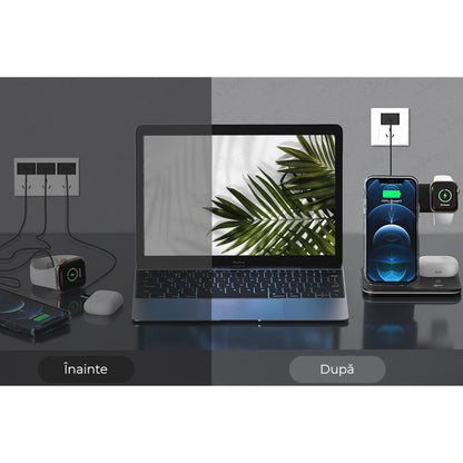 Incarcator Wireless, Statie Incarcare 3 In 1 Qi Fast Charger 15W, Incarcare Rapida, Compatibil Cu Apple Watch Toate Seriile Airpods Toate Modele si Iphone Android Samsung Huawei Xiaomi, Quick Charge