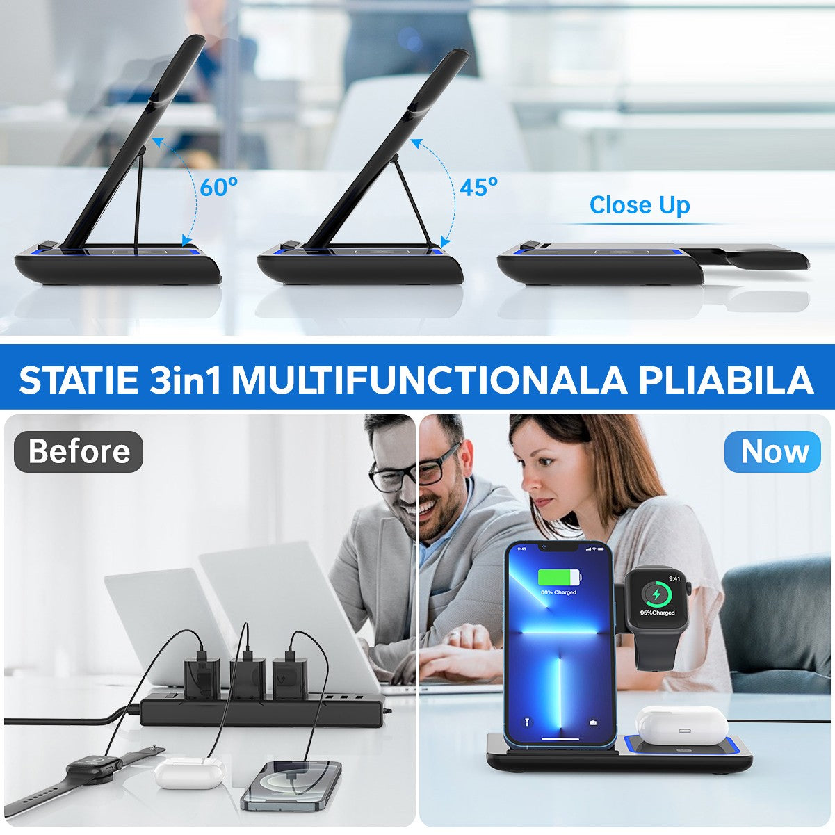 Incarcator Wireless, Statie Incarcare 3 In 1 Qi Fast Charger 15W, Incarcare Rapida, Compatibil Cu Apple Watch Toate Seriile Airpods Toate Modele si Iphone Android Samsung Huawei Xiaomi, Quick Charge