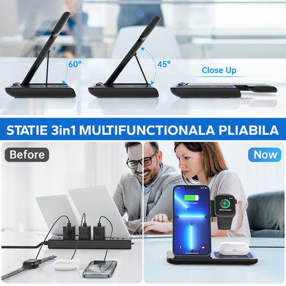 Incarcator Wireless, Statie Incarcare 3 In 1 Qi Fast Charger 15W, Incarcare Rapida, Compatibil Cu Apple Watch Toate Seriile Airpods Toate Modele si Iphone Android Samsung Huawei Xiaomi, Quick Charge