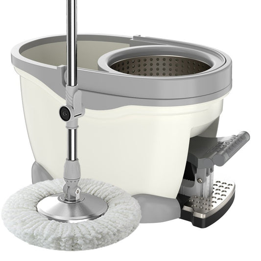 Set Galeata cu Pedala si Mop Rotativ 360°, selexmo, Cu Actiune Centrifuga x4, Pentru Uz Casnic, Maner din Otel Inoxidabil Telescopic, 2 Capte din Bumbac, 46x30x28 cm, Alb Ivoir