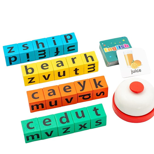 Joc cu Blocuri din Lemn, Selexmo, Formare Cuvinte, Cartonase cu Obiecte si Animale, Clopotel, Joc pentru 4 Persoane, 3 Ani+, 28x15.5x5 cm, Multicolor