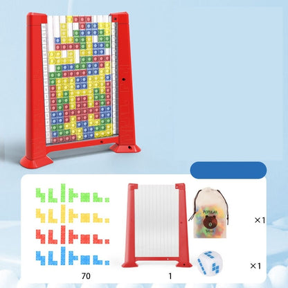Joc de inteligenta Tetris puzzle tangram, 70 de piese multicolore, 3D, montessori, interactiv, din plastic, zar inclus, sac depozitare piese, varsta peste 6 ani