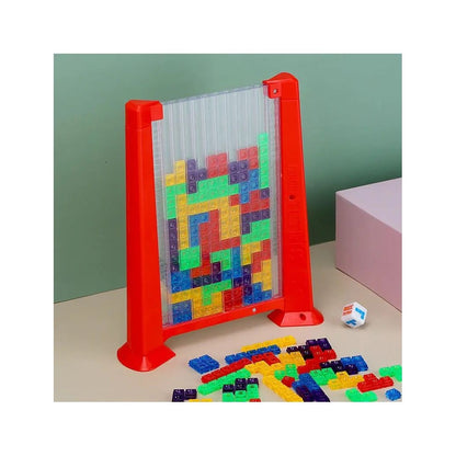 Joc de inteligenta Tetris puzzle tangram, 70 de piese multicolore, 3D, montessori, interactiv, din plastic, zar inclus, sac depozitare piese, varsta peste 6 ani