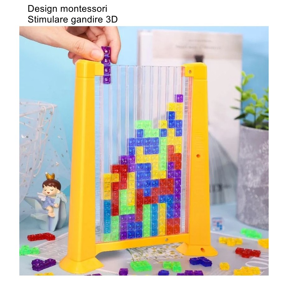 Joc de inteligenta Tetris puzzle tangram, 70 de piese multicolore, 3D, montessori, interactiv, din plastic, zar inclus, sac depozitare piese, varsta peste 6 ani