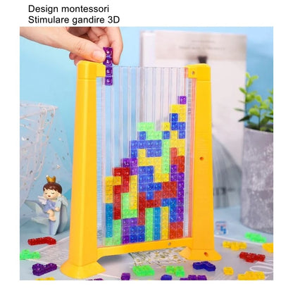 Joc de inteligenta Tetris puzzle tangram, 70 de piese multicolore, 3D, montessori, interactiv, din plastic, zar inclus, sac depozitare piese, varsta peste 6 ani