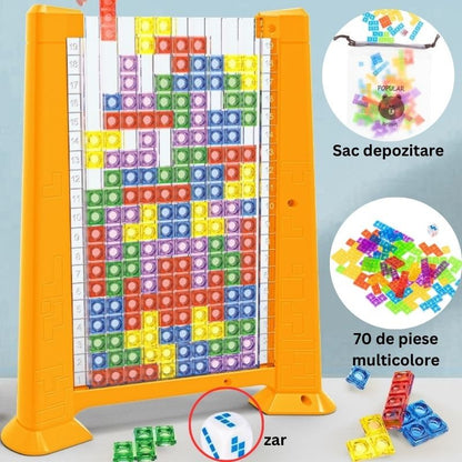 Joc de inteligenta Tetris puzzle tangram, 70 de piese multicolore, 3D, montessori, interactiv, din plastic, zar inclus, sac depozitare piese, varsta peste 6 ani