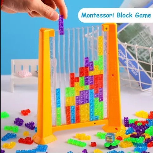 Joc de inteligenta Tetris puzzle tangram, 70 de piese multicolore, 3D, montessori, interactiv, din plastic, zar inclus, sac depozitare piese, varsta peste 6 ani