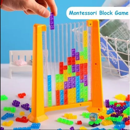 Joc de inteligenta Tetris puzzle tangram, 70 de piese multicolore, 3D, montessori, interactiv, din plastic, zar inclus, sac depozitare piese, varsta peste 6 ani
