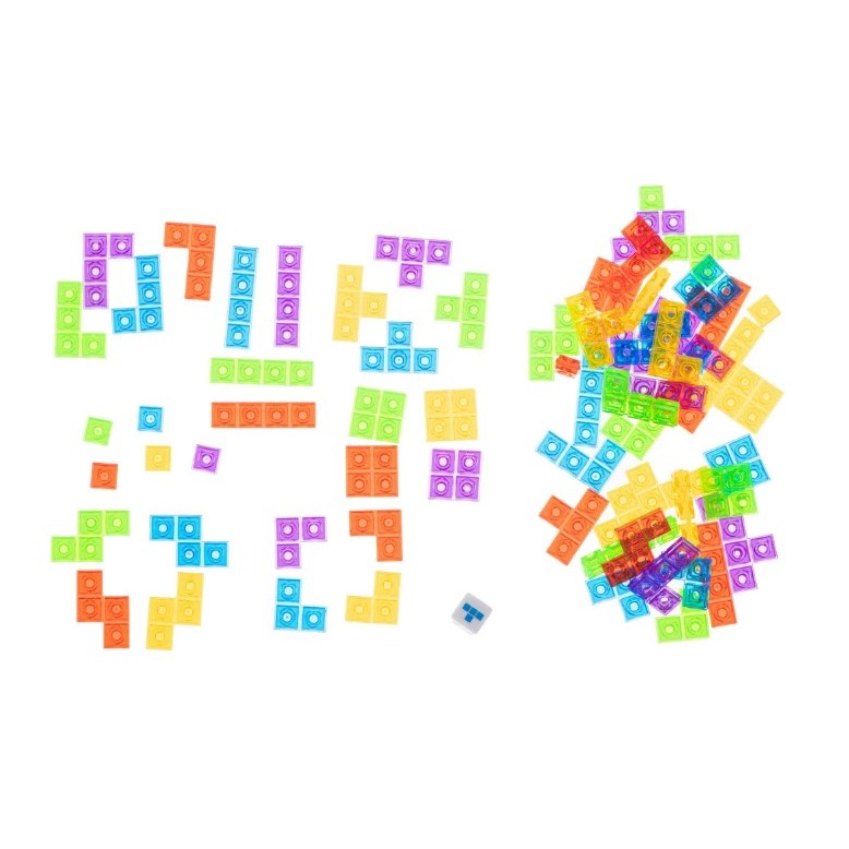 Joc de inteligenta Tetris puzzle tangram, 70 de piese multicolore, 3D, montessori, interactiv, din plastic, zar inclus, sac depozitare piese, varsta peste 6 ani