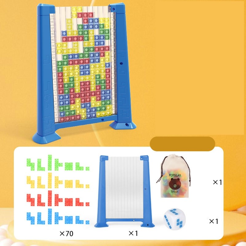 Joc de inteligenta Tetris puzzle tangram, 70 de piese multicolore, 3D, montessori, interactiv, din plastic, zar inclus, sac depozitare piese, varsta peste 6 ani