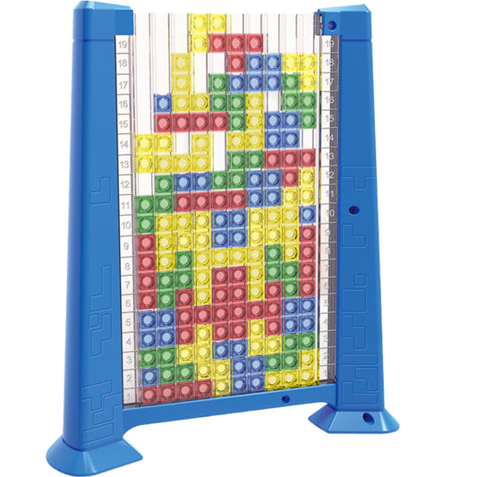 Joc de inteligenta Tetris puzzle tangram, 70 de piese multicolore, 3D, montessori, interactiv, din plastic, zar inclus, sac depozitare piese, varsta peste 6 ani