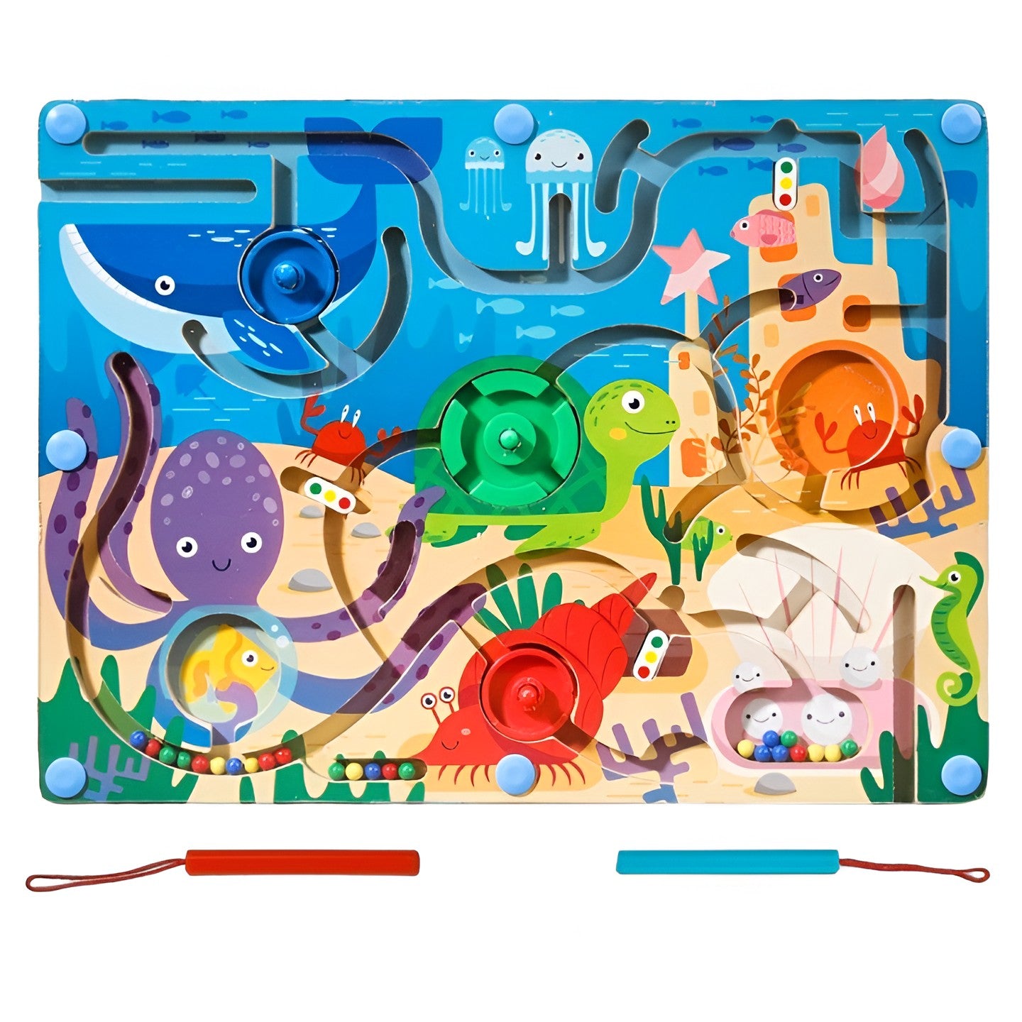 Joc Montessori de Sortare Culori, Selexmo, Creion Magnetic, Tip Labirint Ilustrat, din Lemn, Model Animale Marine, 39x29x1.5 cm
