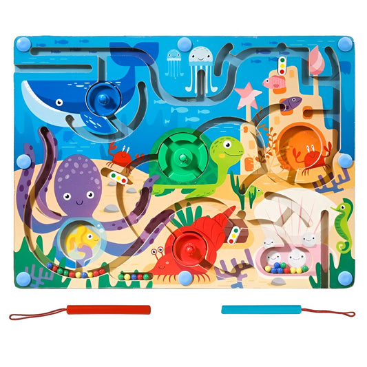 Joc Montessori de Sortare Culori, Selexmo, Creion Magnetic, Tip Labirint Ilustrat, din Lemn, Model Animale Marine, 39x29x1.5 cm