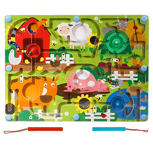 Joc Montessori de Sortare Culori, Selexmo, Creion Magnetic, Tip Labirint Ilustrat, din Lemn, Model Ferma, 39x29x1.5 cm