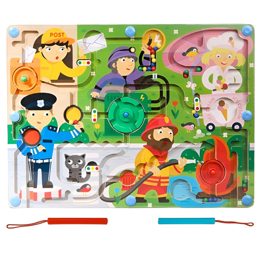 Joc Montessori de Sortare Culori, Selexmo, Creion Magnetic, Tip Labirint Ilustrat, din Lemn, Model Meserii, 39x29x1.5 cm