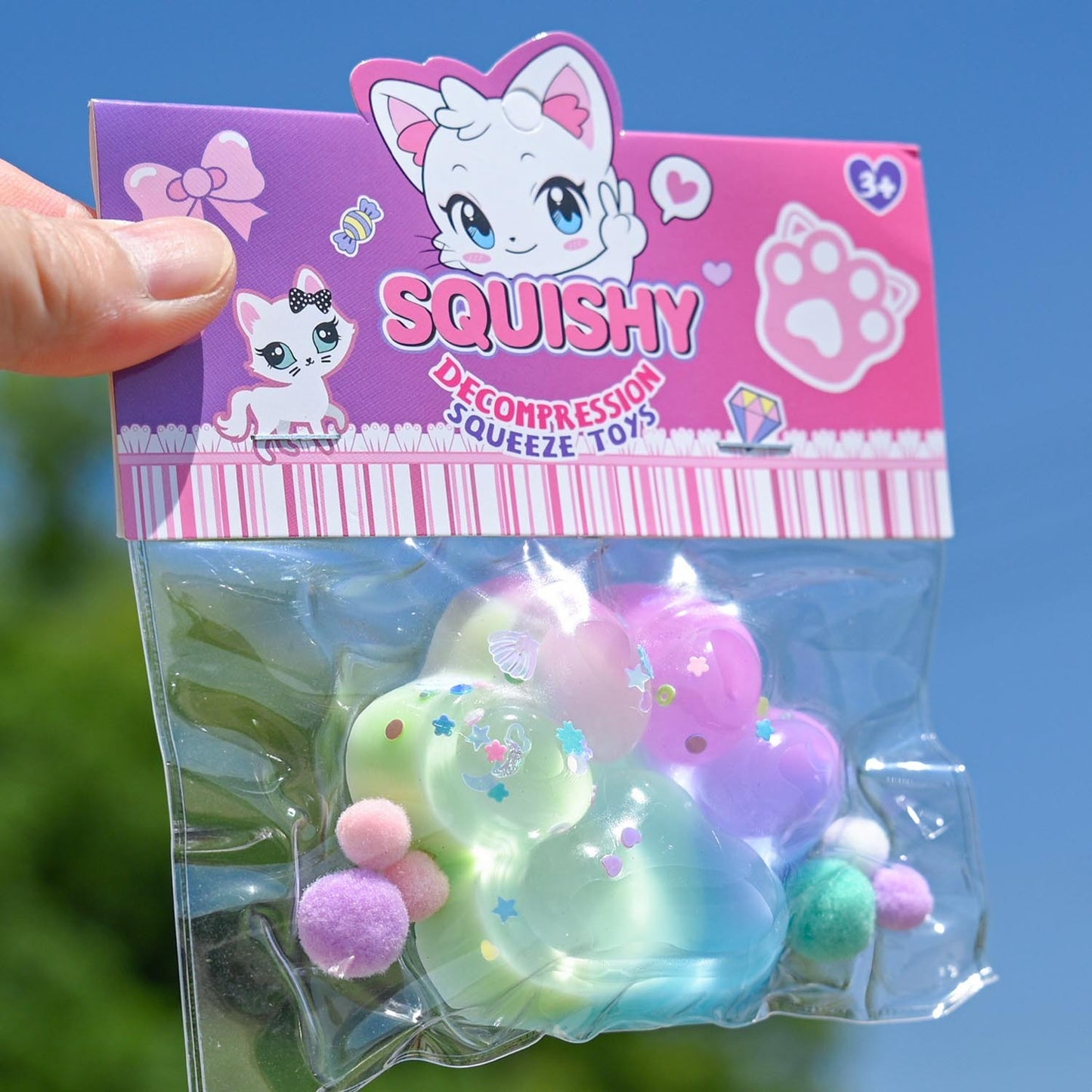 Jucarie Antistres Squishy, selexmo, cu Revenire Lenta, Labuta de Pisica Pufoasa, 7.5 cm, Ambalaj Transparent, Model 27054, Multicolor
