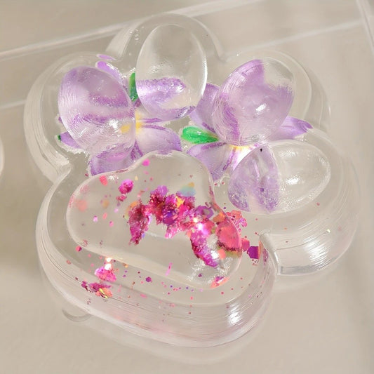 Jucarie Antistres Squishy, selexmo, Labuta de Pisica Pufoasa, cu Revenire Lenta, 7 x 6.5 cm, Model Flori 2, Transparent