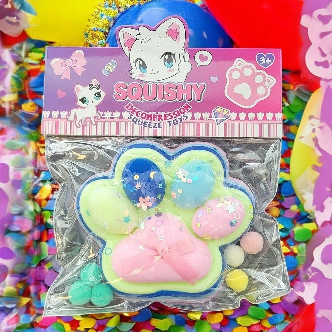Jucarie Antistres Squishy, selexmo, cu Revenire Lenta, Squeeze Pinch Family, Model Cat Paw, 12.5x10.5 cm, 220g, Ambalaj Transparent, Model 7, Albastru Multicolor