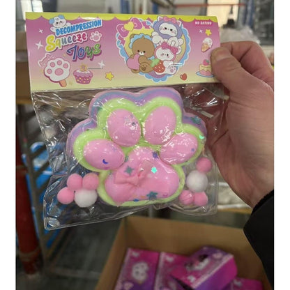 Jucarie Antistres Squishy, selexmo, cu Revenire Lenta, Model Labuta de Pisica Pufoasa, 12.5x10.5 cm, 200g, Squeeze Pinch Family, Ambalaj Transparent, Roz Curcubeu