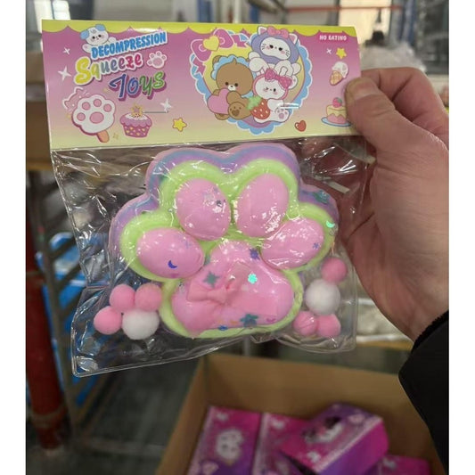 Jucarie Antistres Squishy, selexmo, cu Revenire Lenta, Model Labuta de Pisica Pufoasa, 12.5x10.5 cm, 200g, Squeeze Pinch Family, Ambalaj Transparent, Roz Curcubeu
