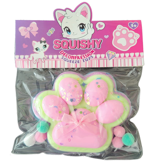 Jucarie Antistres Squishy, selexmo, cu Revenire Lenta, Model Labuta de Pisica Pufoasa, 12.5x10.5 cm, 200g, Squeeze Pinch Family, Ambalaj Transparent, Roz Curcubeu