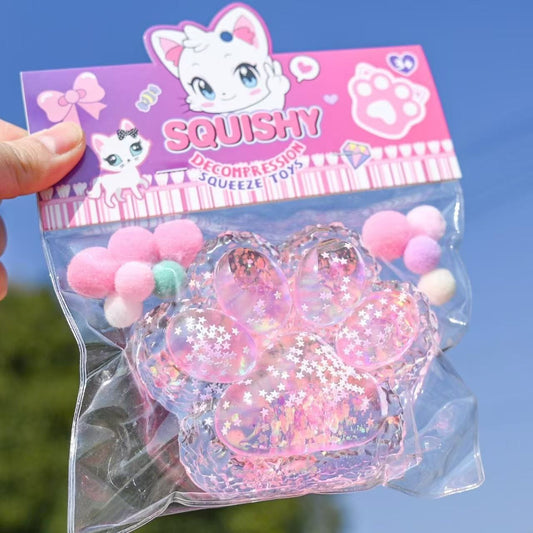 Jucarie Antistres Squishy, selexmo, cu Revenire Lenta, Model Labuta de Pisica Pufoasa, 12.5x10.5 cm, 220g, Squeeze Pinch Family, Roz transparent