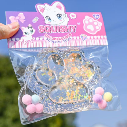 Jucarie Antistres Squishy, selexmo, cu Revenire Lenta, Model Labuta de Pisica Pufoasa, 12.5x10.5 cm, 220g, Squeeze Pinch Family,  Galben Transparent