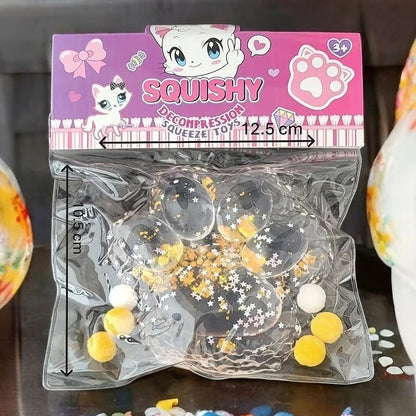 Jucarie Antistres Squishy, selexmo, cu Revenire Lenta, Model Labuta de Pisica Pufoasa, 12.5x10.5 cm, 220g, Squeeze Pinch Family,  Galben Transparent