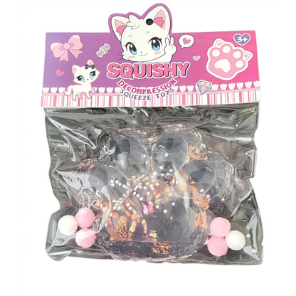 Jucarie Antistres Squishy, selexmo, cu Revenire Lenta, Model Labuta de Pisica Pufoasa, 12.5x10.5 cm, 220g, Squeeze Pinch Family, Roz transparent