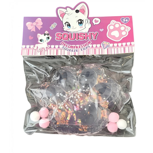 Jucarie Antistres Squishy, selexmo, cu Revenire Lenta, Model Labuta de Pisica Pufoasa, 12.5x10.5 cm, 220g, Squeeze Pinch Family, Roz transparent