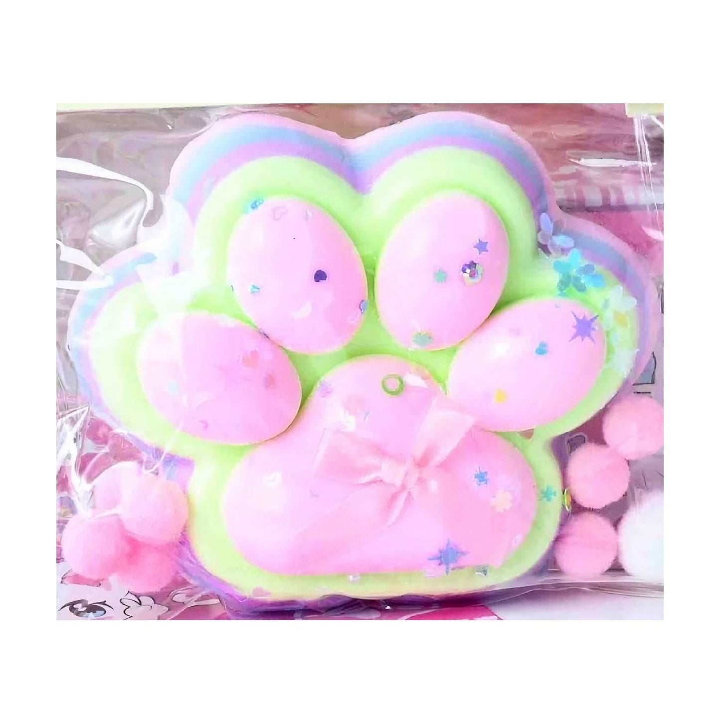 Jucarie Antistres Squishy, selexmo, cu Revenire Lenta, Model Labuta de Pisica YY1005, 220g, 12.5 x 10.5 cm, Squeeze Pinch Family, Ambalaj Transparent, Roz-Curcubeu
