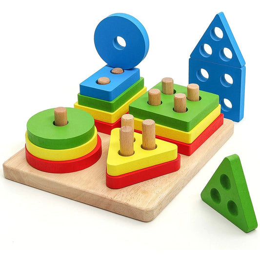 Jucarie Educativa Selexmo, Tip Montessori, din Lemn, + 36 Luni, Forme Geometrice, 16 Piese, 12 x 12 cm, Multicolor