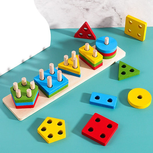Jucarie Educativa Selexmo, Tip Montessori, din Lemn, + 36 Luni, Forme Geometrice, 20 Piese, 6 x 26.5 cm, Multicolor