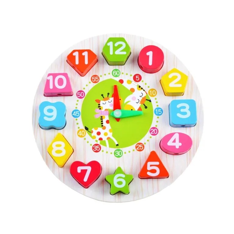Jucarie Educativa Selexmo, Tip Montessori, Model Ceas Girafa, din Lemn, + 36 Luni, 12 Piese, 17 cm, Multicolor