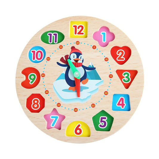 Jucarie Educativa Selexmo, Tip Montessori, Model Ceas Pinguin, din Lemn, + 36 Luni, 12 Piese, 17.2 cm, Multicolor