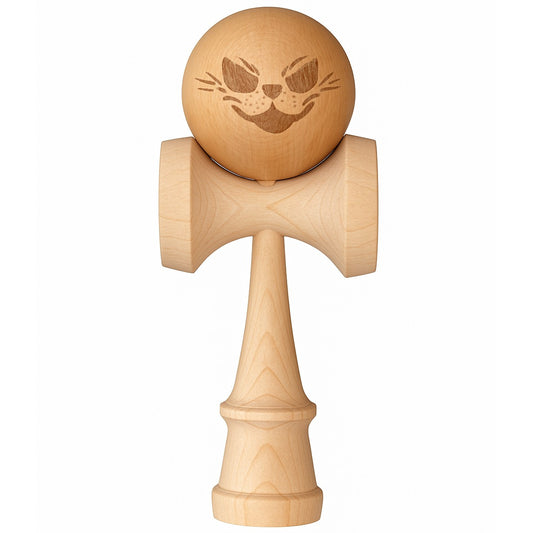 Jucarie Interactiva Kendama, Selexmo, din Lemn, 18 cm, Joc de Indemanare pentru Copii si Adulti, Model Crazy Cat, Maro Natur