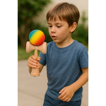 Jucarie Kendama X Originala, Profesionala, Selexmo, din Lemn, Rubber Grip, 18 cm, Rosu/Galben/Albastru