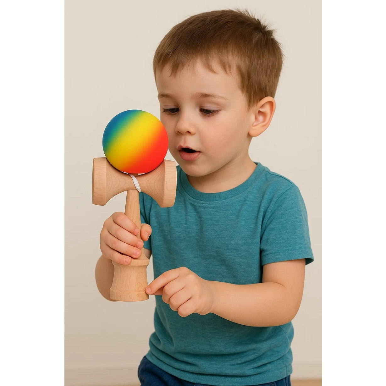 Jucarie Kendama X Originala, Profesionala, Selexmo, din Lemn, Rubber Grip, 18 cm, Rosu/Galben/Albastru